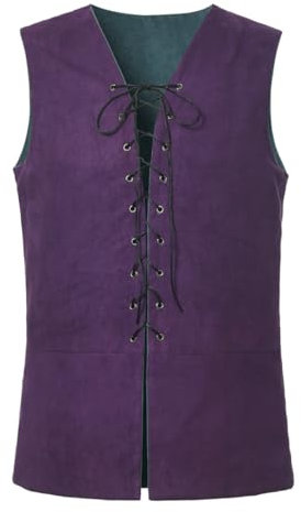 GRACEART Renaissance - Gilet reversibile da uomo, in pelle scamosciata, con lacci, stile medievale, stile gotico (solo gilet), verde/viola, S