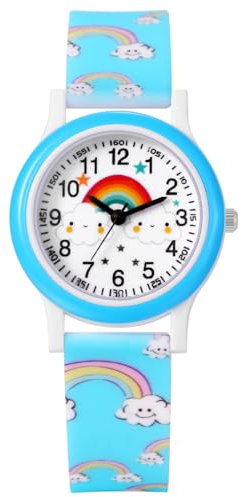 JewelryWe Kinder Armbanduhr Silikon Kinderuhr: Blau Silikonarmband Junge Mädchen Süße Regenbogen Wolken Muster Analog Quarz Uhr Sportuhr Lernuhr