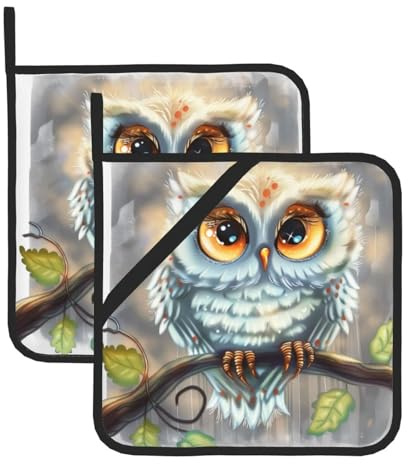 Quadratische Topflappen mit Cartoon-Eulen-Motiv, hitzebeständig, für Küche, Backen, Grillen, 2 Stück