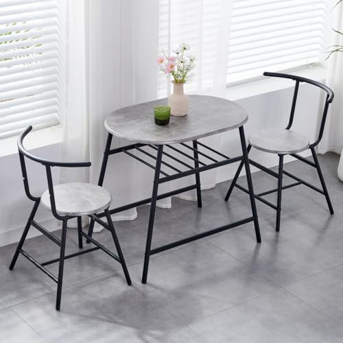 3 Pieces Dining Room Set, Compact Dining Table & Chairs Set for Kitchen Living Room, Space Saving Small Kitchen Table and Chair Set with Storage Wine Rack, Breakfast Bar Table Set for 2 (Mottled Grey)