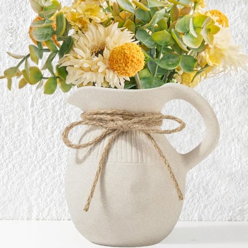 Ceramic Jug Vase, Small Farmhouse Pitcher Vase for Home Decor, Rustic Decorative Pottery Flower Vases with Handle, Centerpiece for Kitchen/Living Room/Bedroom/Office/Bookshelf/Mantel, Height 5.6