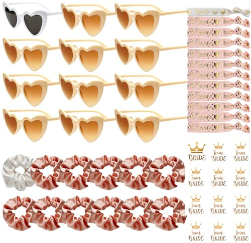 YeahBoom 48 Stück JGA Brille Team Braut,Bride to Be Herz Brille Set,12 Herz Sonnenbrille+12 Bride Haargummi+12 Bride Tattoo Aufkleber+12 Bride Armband,Jungesellinnenabschied Frau Accessoires,JGA Deko