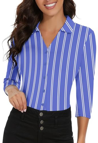Soneven Blusa elegante para mujer, cuello de pico, camiseta deportiva con cuello, polo de manga larga, polo de golf, verano, camiseta transpirable, Rayas blancas, L
