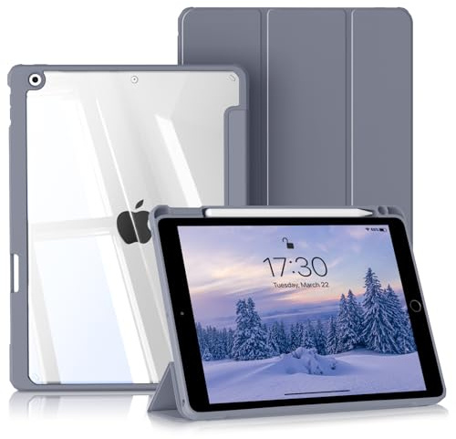 BQDIYOO Case for iPad 9th / 8th / 7th Generation 10.2 Inch | with Pencil Slot, Clear Hard Back Protective Shell for 9/8/7 Generation, Auto Sleep/Wake, Purple