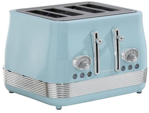 Daewoo Denver 4 Slice Toaster – Sky Blue, Retro Vintage Design, Wide Slots, Defrost, Reheat, Cancel Functions, Browning Control, Removable Crumb Trays – Ideal for Family Kitchens