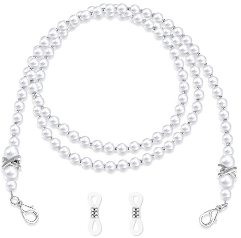 Teaaha 2 Stück Brillenkette Perlen Weiße Brillen Kettenband Anti-Verlust-Kette Maskenkette Anti-Rutsch Brillenzubehör Sonnenbrillen Kette Damen Brillen Kette für Brille Sportbrillen Lesebrillen
