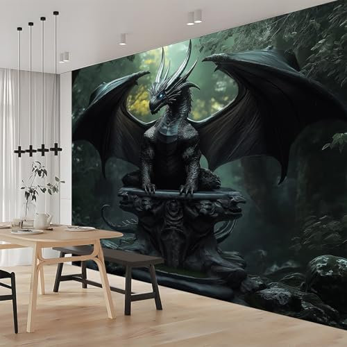 Papier Peint Panoramique Intissé 250 x 175 cm, Style De Film Mystère Dragon Thème Murales Panoramique pour Salon Adulte Chambre d'enfants Restaurant Décoration - Noir