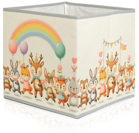 PH K130 Faltbare Aufbewahrungsbox 30x30x30 cm – Regenbogen mit Tieren, | Spielzeugkiste, Stoffbox mit Regenbogen mit Tieren-Motiv, faltbar für