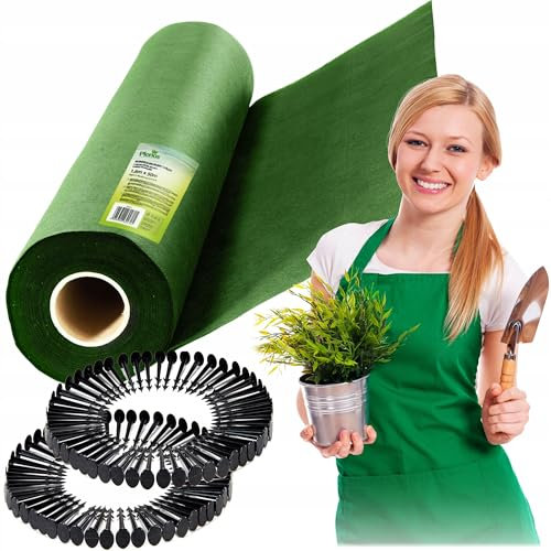 Plonos Toile Anti-Mauvaises Herbes - Perméable à l'eau - Stabilisation UV - 70 g/m² - 1,6 x 50 m - avec 100 piquets - Vert