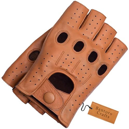 Bantoro Crafts Premium Fingerlose Schaffell-Lederhandschuhe – Touchscreen, Fahren & Sport (Braun, L)