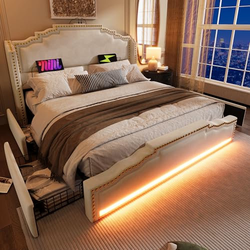 Dolamaní Doppelbett 180x200 cm mit 4 Schubladen Stauraum, Polsterbett mit LED-Beleuchtung und LED Licht Samt, Vintage-Bett mit Kopfteil in Nietenoptik, Beige