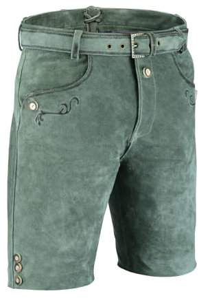 Trachten Lederhose Herren, Kurze Leder Bermuda mit Gürtel, Nubuk-Leder, Traditionelle Stickerei, Grau (DE/NL/SE/PL, Numerisch, 52, Grau)
