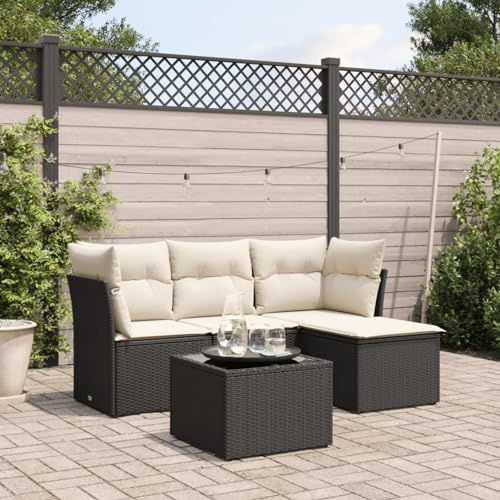 IKAYAA 5-TLG Rattan Gartenmöbel Set, Balkon Lounge, Outdoor Loungemöbel Rattan Sitzlounge Ecklounge Ecksofa Gartensofa Balkonsofa Schwarz und Creme Type-60