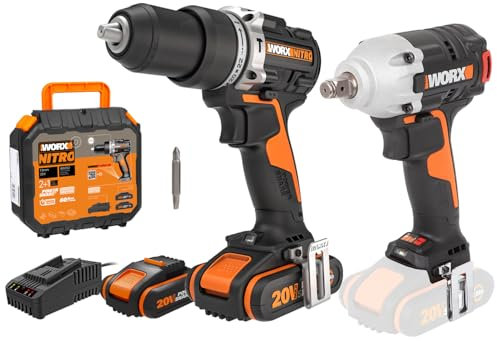 PACK WORX NITRO Perceuse à Percussion Brushless + Clés à chocs 20V WX352/WX272.9, 60/ 300Nm, 13mm, Multimatériaux, Vitesses Variables, LED, Livrée Avec 2 Batteries 2Ah, Chargeur et Accessoires