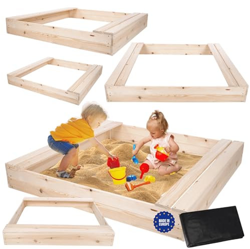 MODO24 Sandkasten mit Sitzbänken, Holzsandkasten, Gartenspielzeug für Kinder, Sandkasten für Garten, Outdoor Sandkasten mit Bänken, Abmessungen 140x137 cm, Farbe: Naturholz (imprägniert)