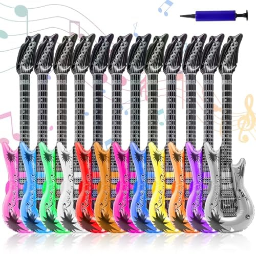 Tczecoo 12 Stück Aufblasbare Gitarre, Luftgitarren Bunt, 89cm, 12 Farben | Luftgitarre, Aufblasbare Luftgitarre, Luftgitarren Zum Aufblasen, Gitarre Aufblasbar mit Pumpe für Mottopartys Deko