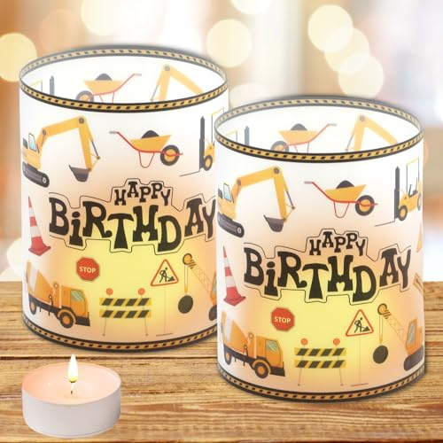 Windlichter Tischdeko Geburtstag, 12 Stück Baustellen Tischdeko Geburtstag Mädchen Junge, Happy Birthday Lichthülle Tisch Deko, Bagger Geburtstagsdeko für Teelichter oder Kerzen