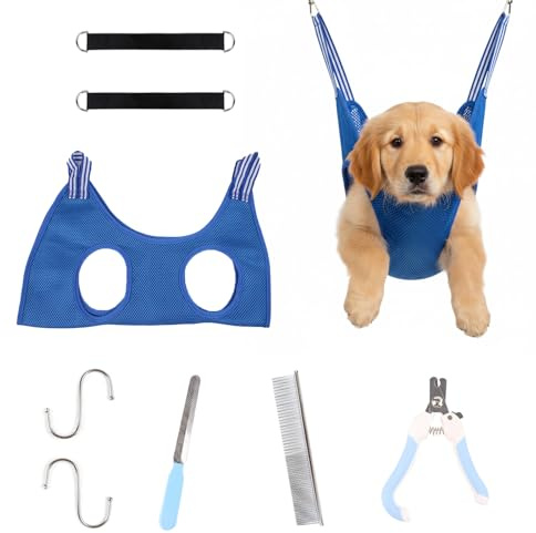 Dog Grooming Hammock Harness Kit, Breathable Dog Sling for Nail Clipping/Trimming, Adjustable Pet Grooming Restraint Bag with Clippers File Comb S-hooks Slings Grooming Supplies Kit for Claw Care