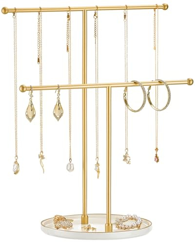 Josmimic Jewellery Necklace Stand with Ceramic Base - Jewellery storage organiser for Necklaces, Bracelets, Rings, Earrings for girl & women | Gold Bar White Base