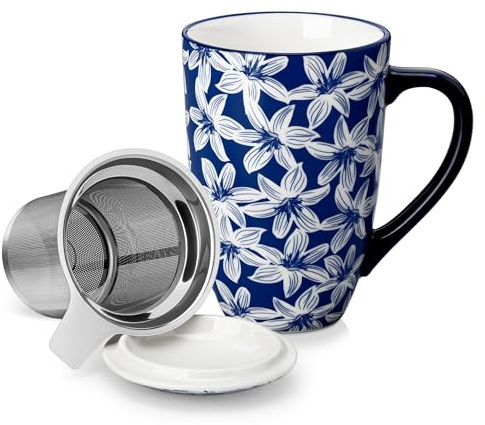 vancasso Selene 540 ml Ceramic Tea Mug with Removable Infuser and Lid | Vintage Blue-and-White Loose Leaf Cup, Microwave & Dishwasher Safe, Perfect for Tea, Coffee, Blossom Cluster