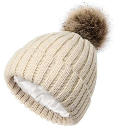 KASLCWA Strickmütze Damen Beige, Pudelmütze Damen, Wintermütze warme Strickmütze, Warme Strickmützes Mit Kunstpelz Bommel Für Kalte Wintertage