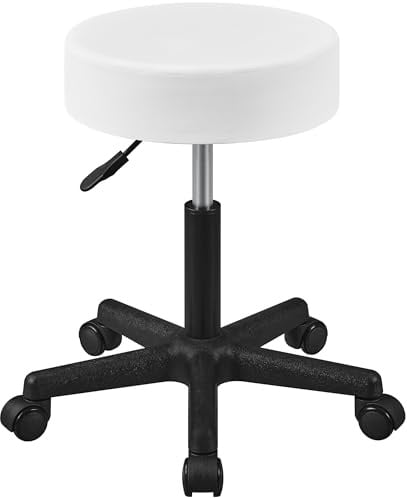Yaheetech Rollhocker höhenverstellbar, Arbeitshocker Bürohocker, 46-61.5 cm | 360° drehbar mit Rollen, Hocker Drehhocker 10 cm Dicke Polsterung, Weiß