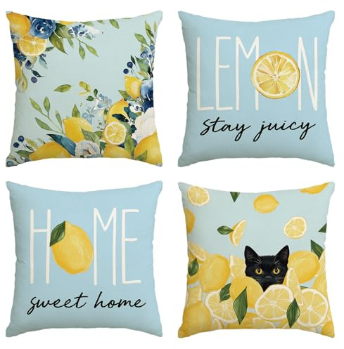 Artoid Mode Zitrone Blumen Schwarze Katze Home Sweet Home Sommer Kissenbezüge 4er Set, 45x45 cm Saisonnal Zierkissenbezug Cushion Cover Couch Deko