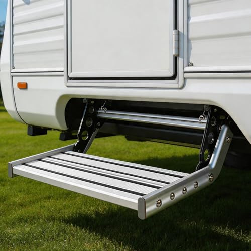 TAZZOR Klappbare Wohnmobil Trittstufen mit LED-Licht Wohnwagen Trittbrett | Aluminiumlegierung mit Anti-Slip-Streifen Stufe für RV Camper Van Caravan, Maximal Tragende 200kg