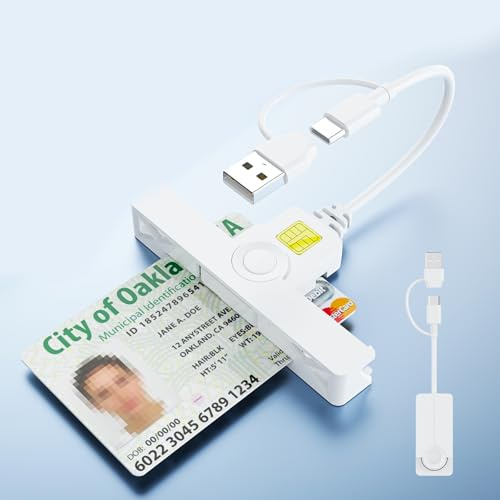USB C + USB-A 2 in 1 Elektronischer CAC Kartenleser Militär SIM Chipkartenleser, Mini Faltbar DOD Military Kartenleser USB Smart Card Reader für CAC SIM Smartcard Leser ISO 7816 Klasse A,B,C，Weiß
