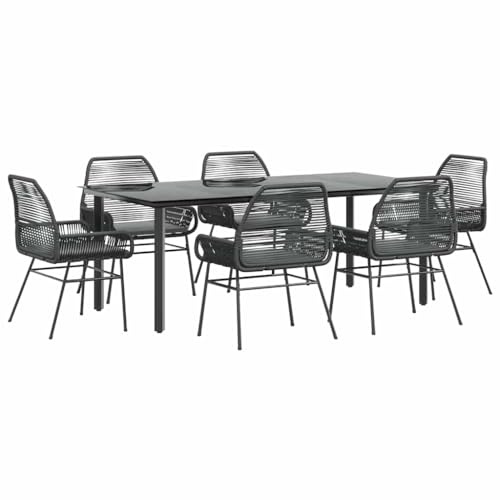 HETFTJN 7-teiliges Gartenmöbel Set Schwarz Poly-Rattan Sitzgruppe mit Glastisch 200x100 cm, wetterfeste Lounge Stühle & waschbare Kissen, komfortable Essgruppe für Balkon, Terrasse und Garten