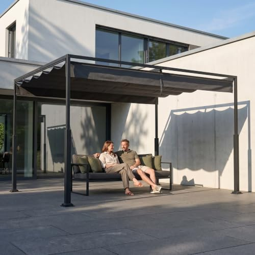UISEBRT 3 x 4 m Pergola in metallo impermeabile e stabile, resistente all'inverno, gazebo con tetto a lamelle, protezione solare per esterni con tetto scorrevole per giardini e terrazze, nero
