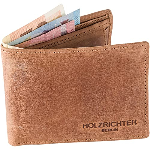 HOLZRICHTER Berlin - Herren Geldbörse aus Leder (No 1-2), 9x12x1 cm im Querformat, Edles Portmonnaie mit 6 Fächer, 2 Einschubfächer und 1 Münzfach, Geldbeutel, Camel-Braun