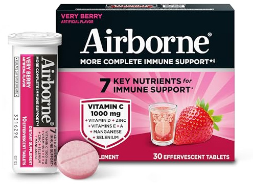 Airborne 1000mg Vitamin C with Vitamin D + Zinc Sugar Free Multivitamin Immune Support Effervescent Fizzy Drink Tablets, Very Berry Flavor with Powerful Antioxidants VIT A C & E, 30 Tablets