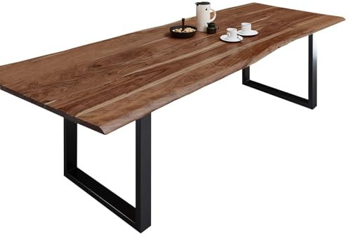 SAM Esszimmertisch 300x100 cm Milo, echte Baumkante, nussbaumfarben, massiver Esstisch aus Akazienholz, Metallbeine Schwarz, Baumkantentisch