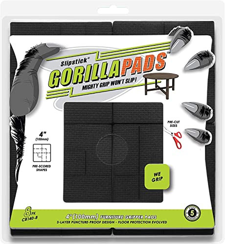 GorillaPads Non Slip Furniture Pads/Floor Grippers (Set of 8 Floor Protectors) Pre-Scored to Cut to Multiple Size, 4 Inch Square, Black, CB140-8
