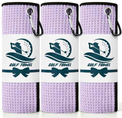 FINGER TEN Golf Towels with Clip 16X16 3 Pack (Purple) | Soft Microfiber Waffle Material, Highly Water Absorption & Quick Dry, Keep Golf Gear Clean, Portable Accessory for Golf Bags