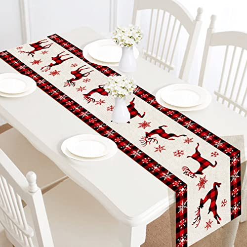 Camino de Mesa Navidad 30×182cm Tela de Lino Corredor Mesa Navideña para Decoración Navidad Mesa de Comedor Cocina Restaurante Hotal Rojo Beige