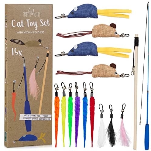 Pretty Kitty Katzenspielzeug Set Vegan: Großes 15 Teile Katzen Spielzeug Set mit Katzenangel, Kunstfedern und Katzenminze Spielzeug Spielzeug Katze