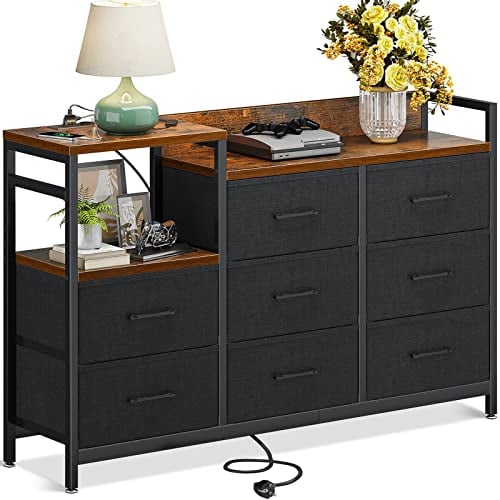 ODK Kommode mit Schubladen, 2 USB & 2 AC-Anschlüssen, 8 Schubladen aus Stoff - Geeignet für Multifunktionaler Schubladenschrank für Schlafzimmer und Wohnzimmer, 132 * 30 * 88 cm,Vintage und Schwarz