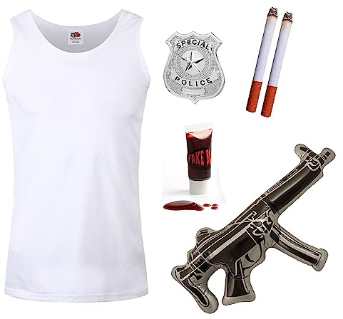 Disfraz de Mcclane para Adulto, Chaleco Blanco, Placa de policía, Ametralladora Inflable, Cigarrillos Falsos y Sangre Falsa, Disfraz de película de televisión para Adultos de los años 80 y 90