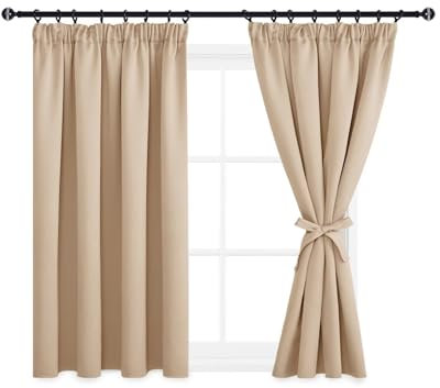 DWCN Vorhänge KücheBlickdicht Kräuselband mit Vorhang-Krawatten, Vorhänge Dunkel Thermogardine Verdunkelung, Wärmeisolierend Thermovorhang für Schlafzimmer, 145x140cm(HöhexBreite), Beige, 2er Set