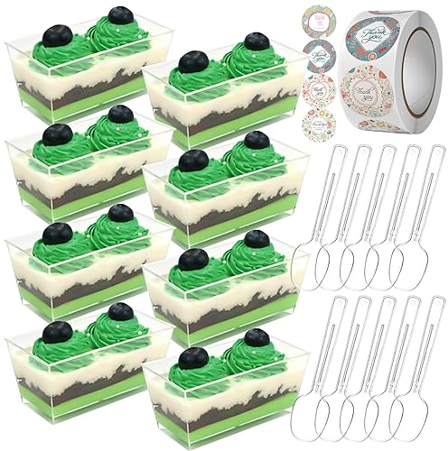 YancLife 50 Pcs Dessert Cups, 4.75oz/140ml Plastic Dessert Pots with Spoons and Stickers, Rectangle Clear Mini Cup Reusable Serving Dessert Bowl for Wedding, Birthday Parties Cheesecake Desserts