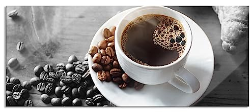 Pixxprint Glasbild Panorama, Wandbild aus Echtglas, Tasse Kaffee mit Bohnen und Croissant B&W Detail, 100x40 cm, inkl. Aufhängung und Abstandshalter