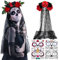Halloween Schleier Rosen,Halloween Temporäre Gesicht Tattoos,Halloween Tag Der Toten Dekoratio,Halloween Stirnband,Halloween Kostüm Zubehör,Für Halloween Tag Der Toten Cosplay Kostüm Party Damen