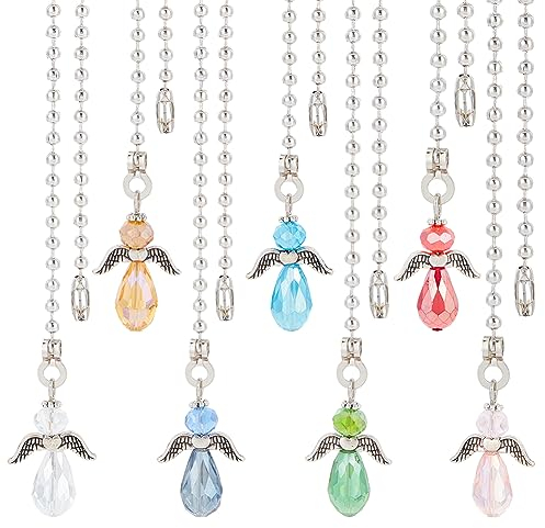 BENECREAT 7Pcs Angel Faceted Glass Ceiling Fan Pull Chain Extenders, Multi-color Crystal Ceiling Fan Extension with Ironl Ball Chain for Ceiling Fan Light Decoration