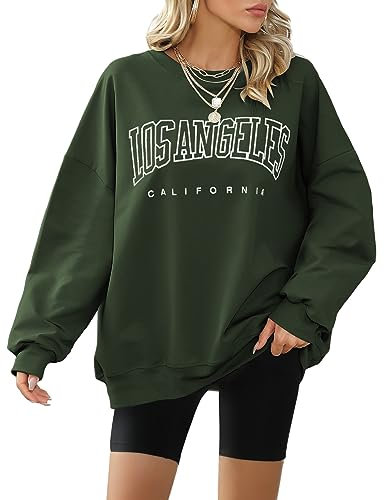 Xnova Sudaderas Mujer Y2K Los Angeles Monograma Manga Larga Cuello Redondo Sudadera sin Capucha Amplio Básico Chic Modernos Jerseys Mujer, Verde Militar, XL