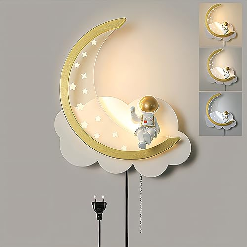 LED Kinder Wandlampe mit Zugschalter Innen Wandleuchte mit Kabel Stecker Dimmbar Kinderzimmer Wolke Nachttischlampe Junge Mädchen Zimmer Deko Nachtlicht Mond Astronaut Wandbeleuchtung Wohnzimmer Lampe