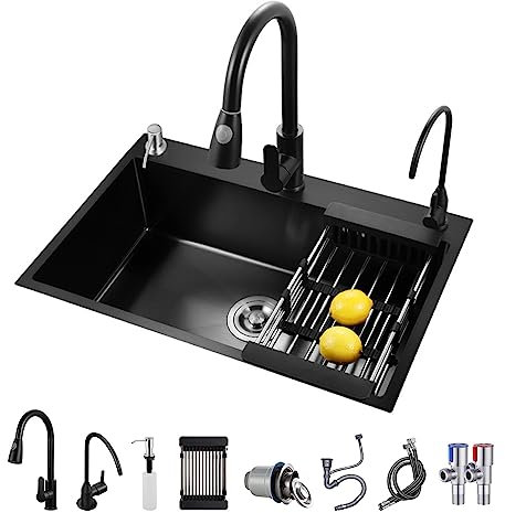 KELINGOUD Fregadero de cocina negro, 1 lavabo de acero inoxidable, fregadero de lugar de trabajo Drop-In/Topmount con accesorios deslizantes, fregadero estilo granja con varios accesorios (65 x 45 cm)