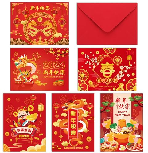 HOWAF 6 Carte de vœux Nouvel an Chinois 2025, Happy Chinese New Year Carte de Vœux Année du Serpent Carte de Vœux avec Enveloppes Blanches Cadeau Nouvel an Chinois 2025 pour Nouvelle Année 2025
