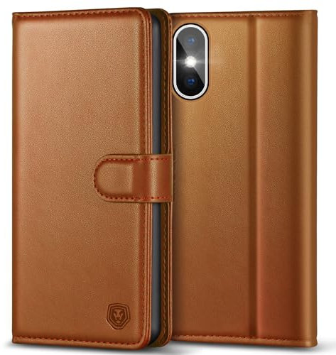 Kuafcase Compatible for iPhone X/XS Case with 4 Card Slots Magnetic Closure Kickstand Shockproof Protective Phone Case Compatible for iPhone X/XS - Brown